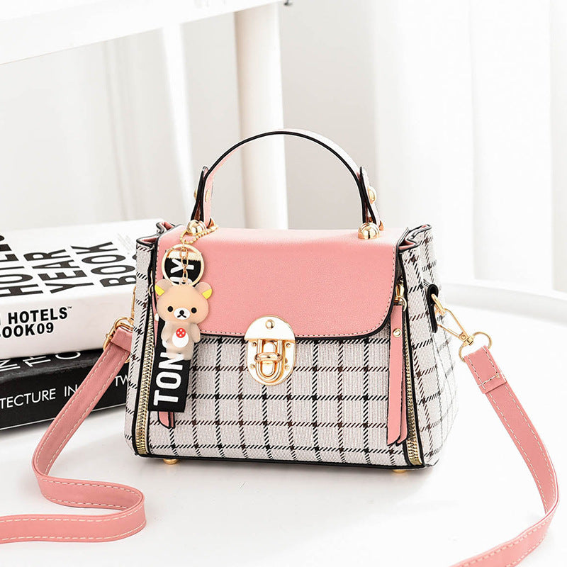2025 new plaid contrasting color women's hand-held small square bag, cute pendant, sweet single shoulder crossbody bag, one piece hair replacement