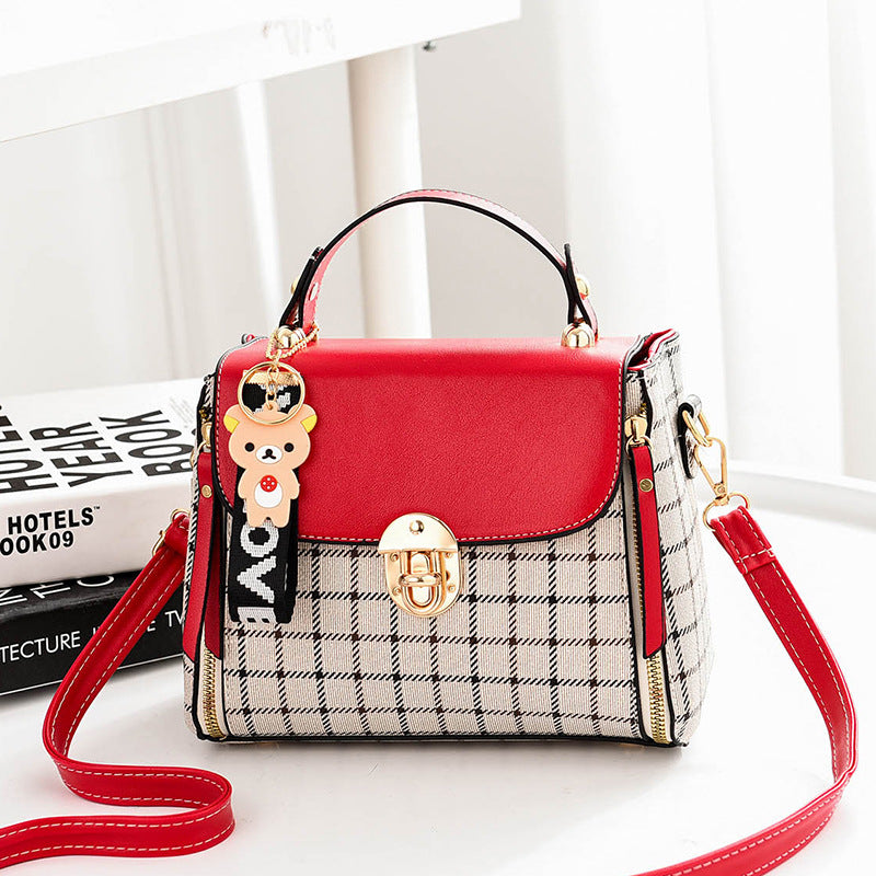 2025 new plaid contrasting color women's hand-held small square bag, cute pendant, sweet single shoulder crossbody bag, one piece hair replacement
