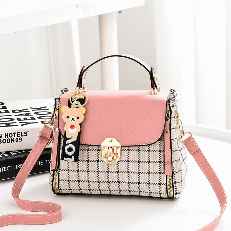2025 new plaid contrasting color women's hand-held small square bag, cute pendant, sweet single shoulder crossbody bag, one piece hair replacement