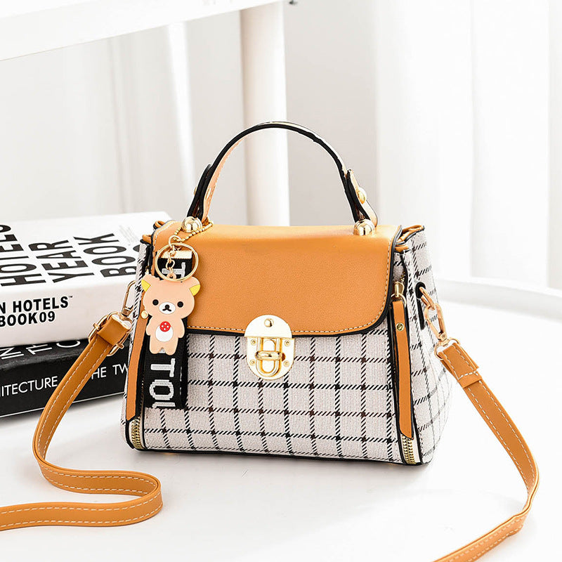 2025 new plaid contrasting color women's hand-held small square bag, cute pendant, sweet single shoulder crossbody bag, one piece hair replacement