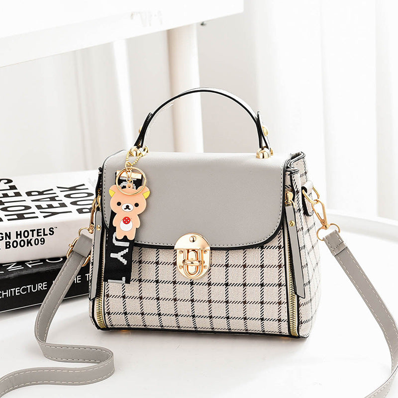 2025 new plaid contrasting color women's hand-held small square bag, cute pendant, sweet single shoulder crossbody bag, one piece hair replacement