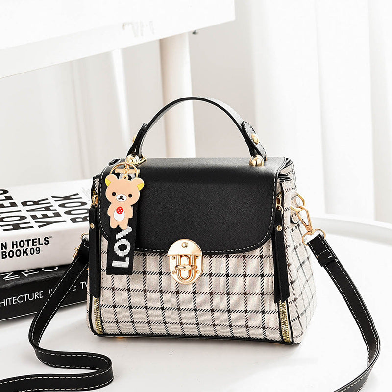 2025 new plaid contrasting color women's hand-held small square bag, cute pendant, sweet single shoulder crossbody bag, one piece hair replacement