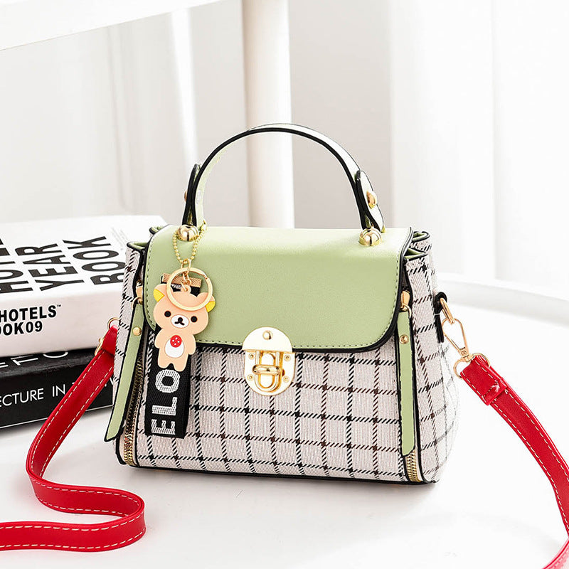 2025 new plaid contrasting color women's hand-held small square bag, cute pendant, sweet single shoulder crossbody bag, one piece hair replacement