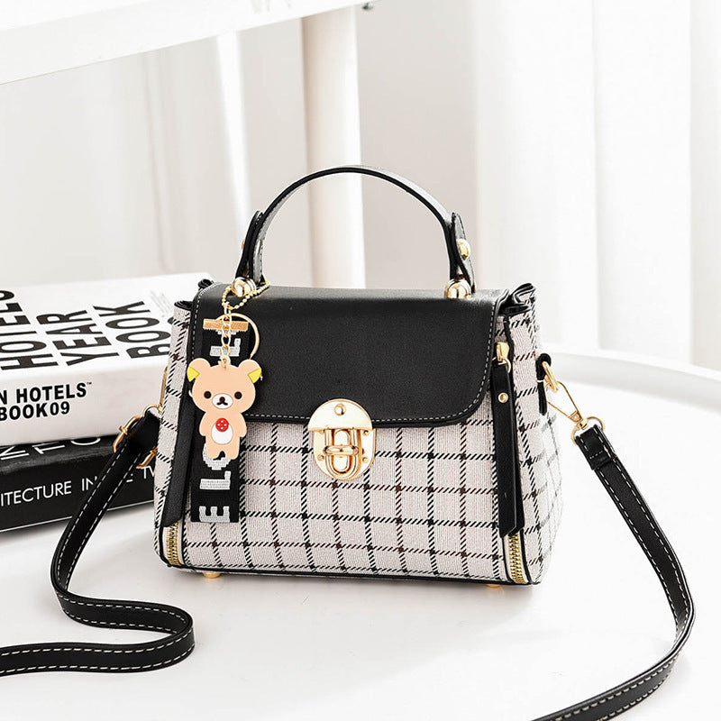 2025 new plaid contrasting color women's hand-held small square bag, cute pendant, sweet single shoulder crossbody bag, one piece hair replacement
