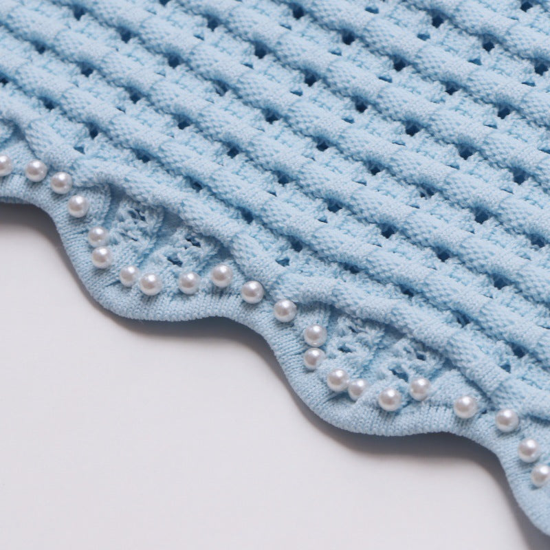 Short-sleeved knit set with lace, beads, and high-quality high-waisted skirt