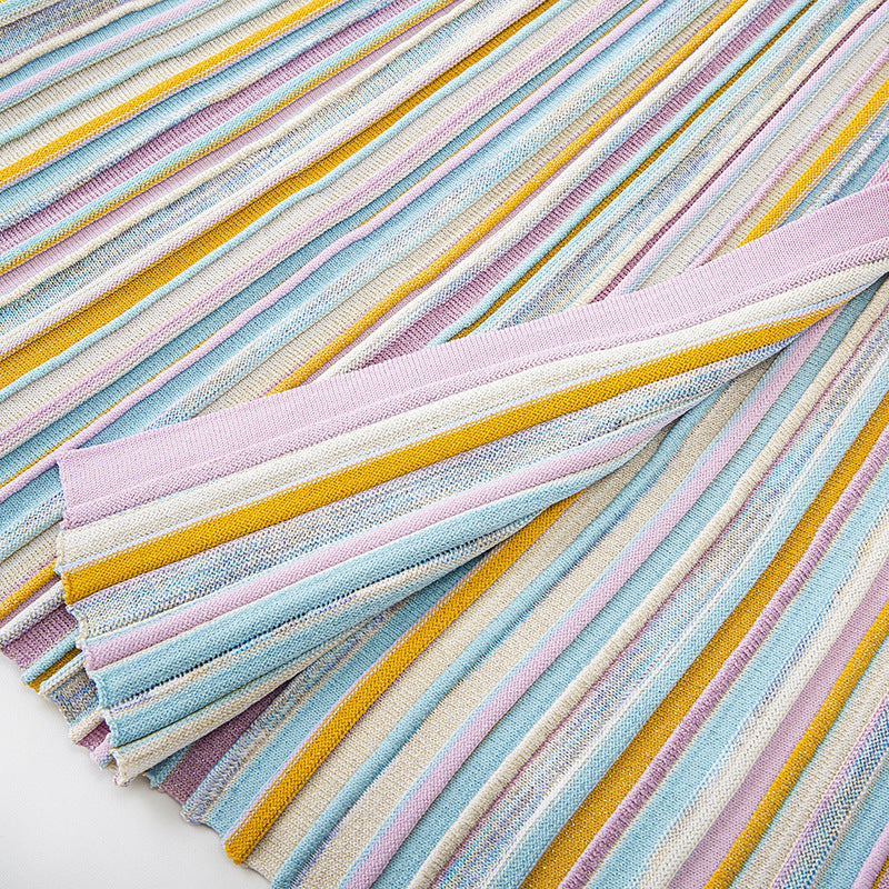 Elegant knit dress with V-neckline, long sleeves, mid-length, gold thread, and high-quality horizontal stripes