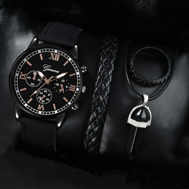 Manufacturer's spot wholesale AliExpress new men's casual fashion business black shell three eyelid quartz set