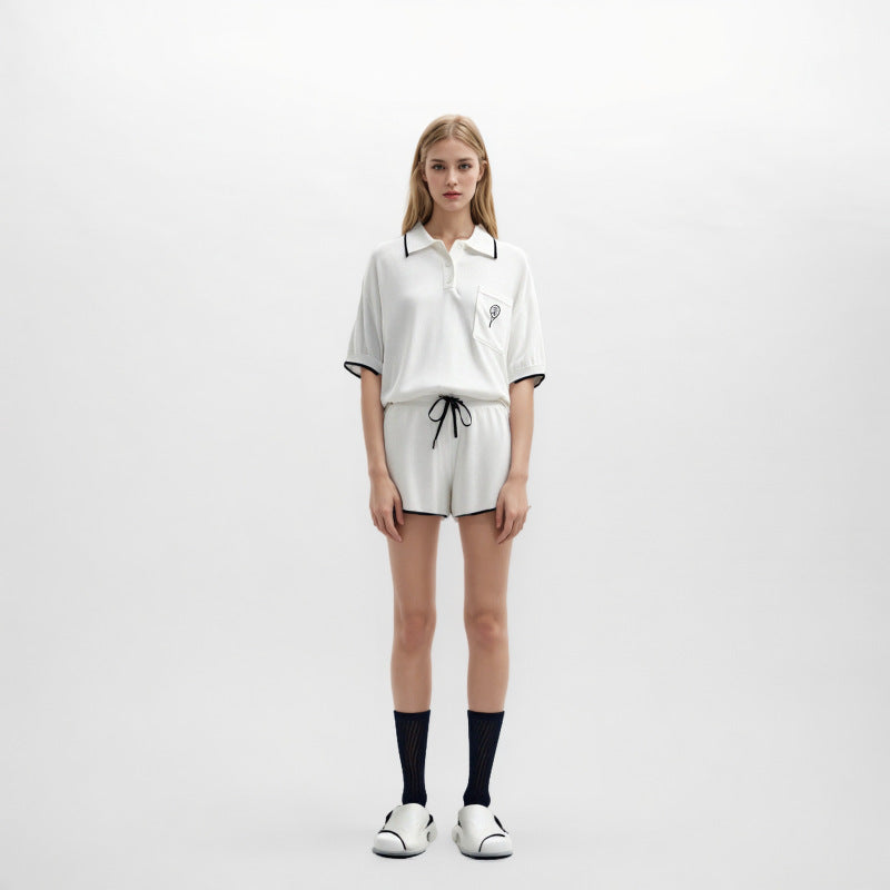 Vintage short-sleeved knit set with white collar and high waist, made from high-quality Tencel fabric