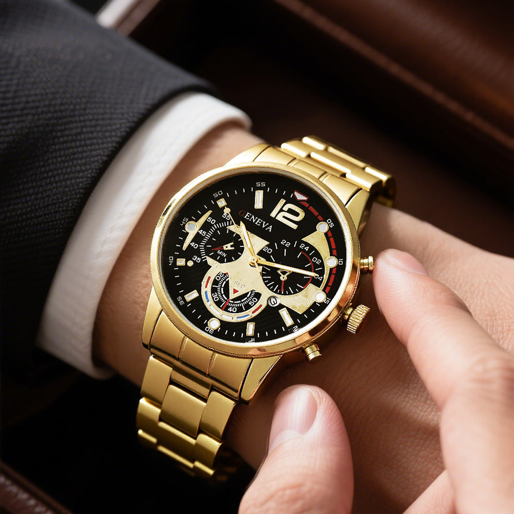 Men's Business Watch Fake Three Eye Calendar Roman Scale Quartz Watch Cross Necklace Bracelet Ring Set