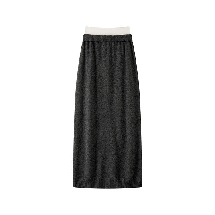 Fitted gray knit midi skirt, high elastic waistband, made from a blend of high-quality wool and cashmere
