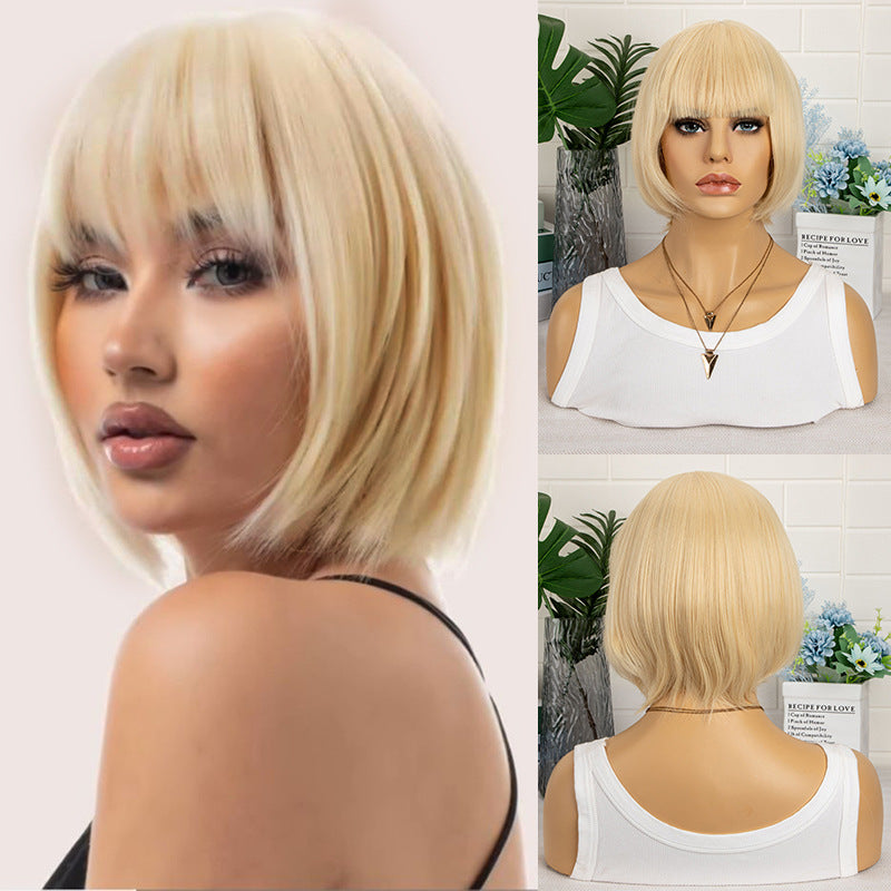 Cross border new wig for women in Europe and America, light gold color with bangs, short straight hair, bob inner buckle manufacturer, in stock direct sales