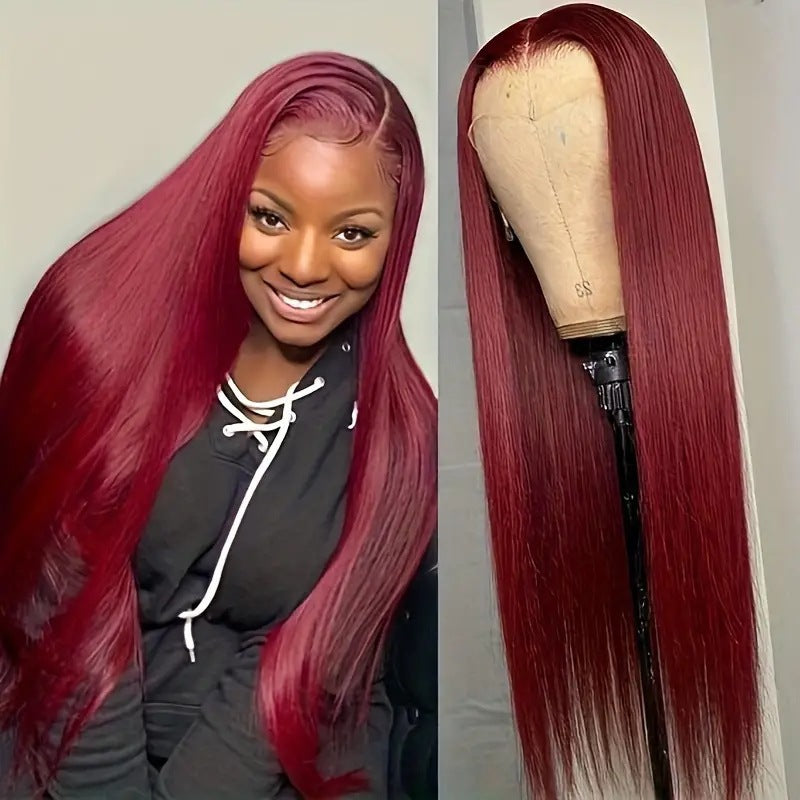 African Women's Hot Selling Lace Wine Red Mid Split Straight Hair Wig Full Headset Cross border Hot Selling Wig
