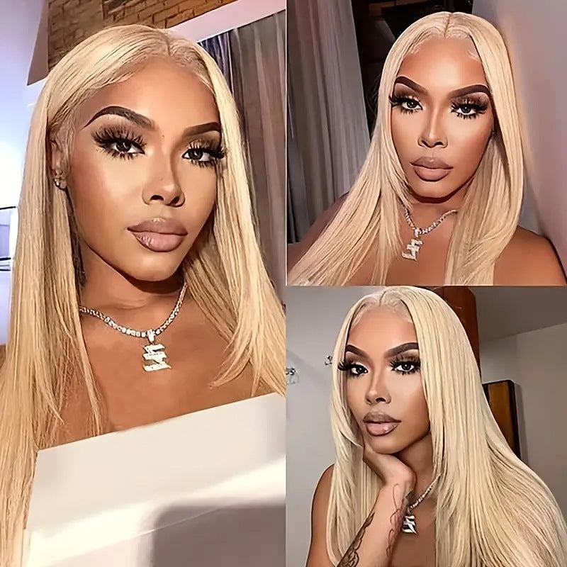 Amazon Cross border Foreign Trade European and American Fashion Light Gold African Hot Selling Front Lace Middle Split Straight Hair Wig Headset