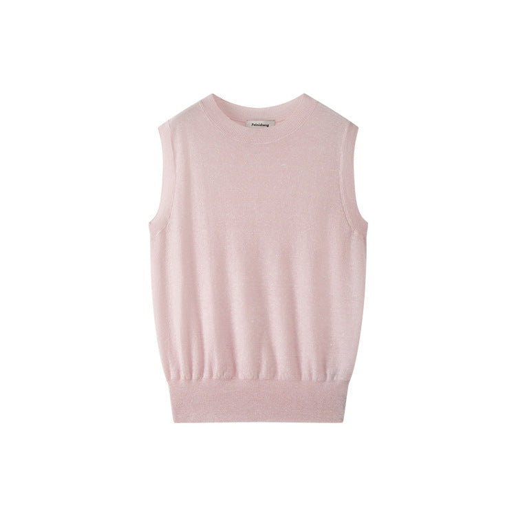 Elegant sleeveless pullover with round neckline, made from high-quality wool and linen knit fabric