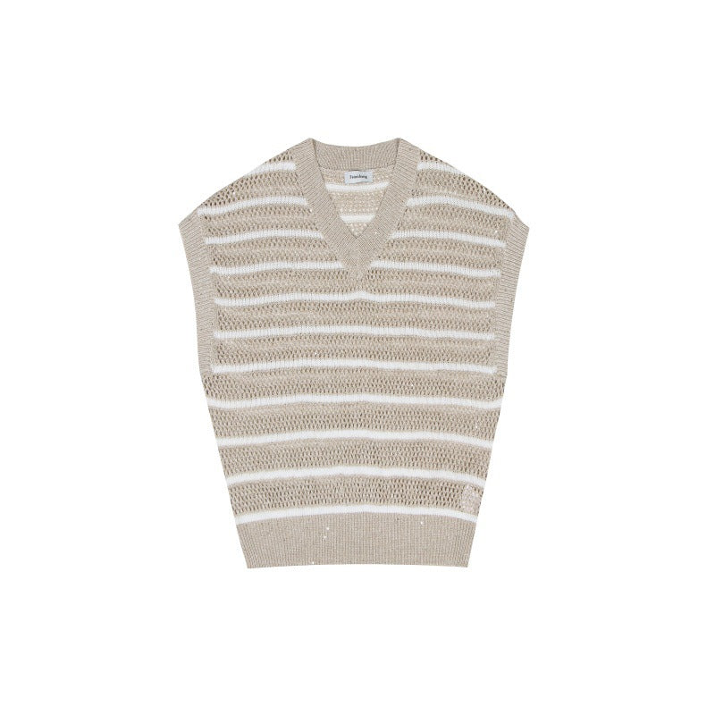 Striped knit blouse with V-neckline, sleeveless and beaded, in a blend of high-quality linen and cotton