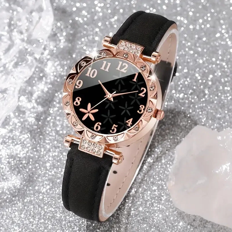 Foreign trade women's watch new women's diamond inlaid dial belt quartz watch bead bracelet set 5pcs/set popular