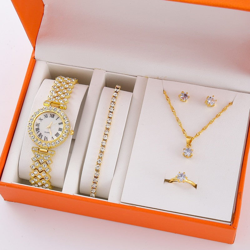 Manufacturer Direct Full Diamond Luxury Bracelet Watch Set Women's Time Quartz Watch Exquisite Five Piece Set Calendar Chain