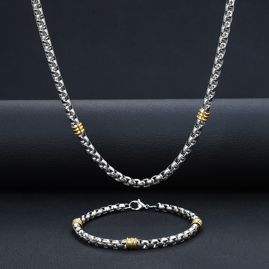 Cross border new product 5mm stainless steel square pearl chain string gold pearl necklace men's versatile titanium steel bracelet spot wholesale