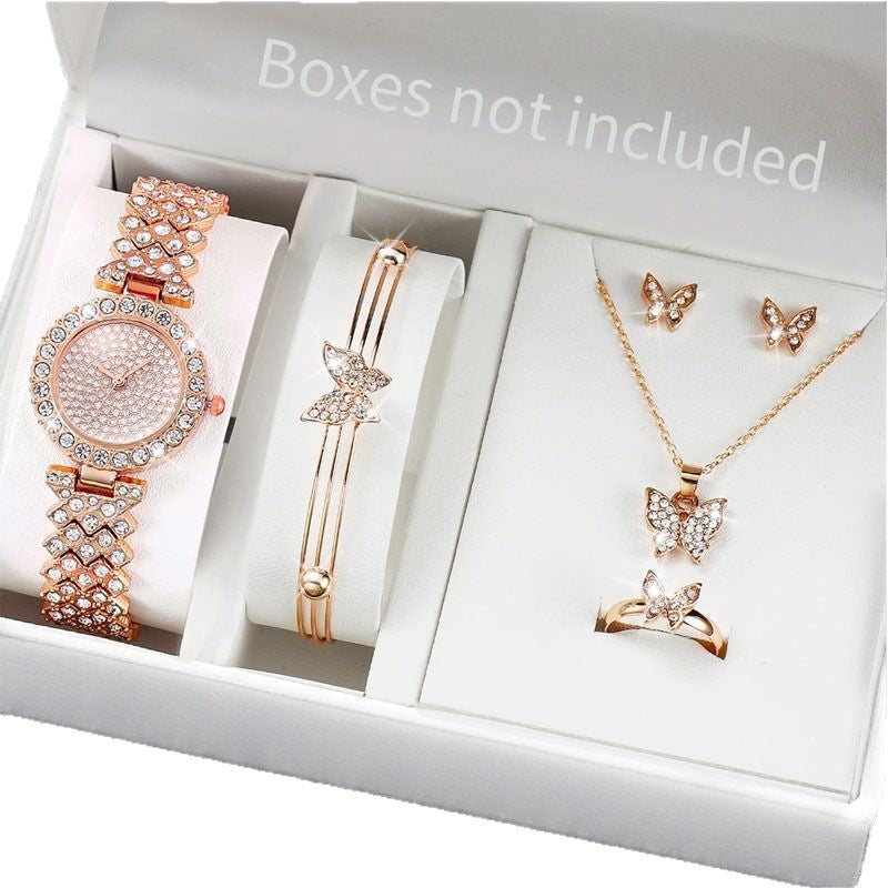6PCS/Fashion rhinestone women's quartz watch steel strap bracelet watch jewelry set