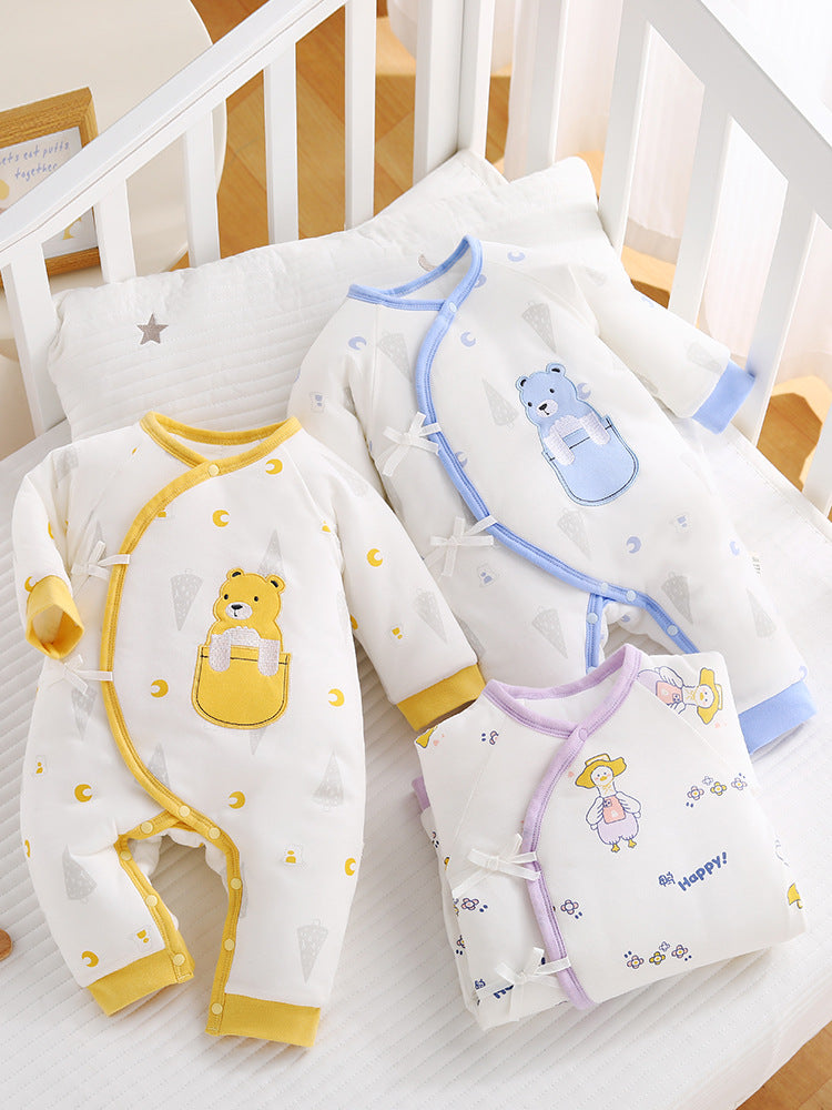 Winter baby lace up jumpsuit warm newborn clothes 0-3 baby pure cotton thick clip cotton clothes butterfly clothes