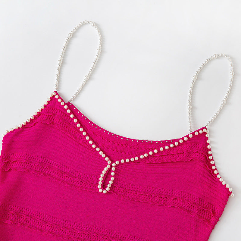 Elegant midi dress in knit fabric, with V-neckline, sleeveless, and high-quality bead embroidery