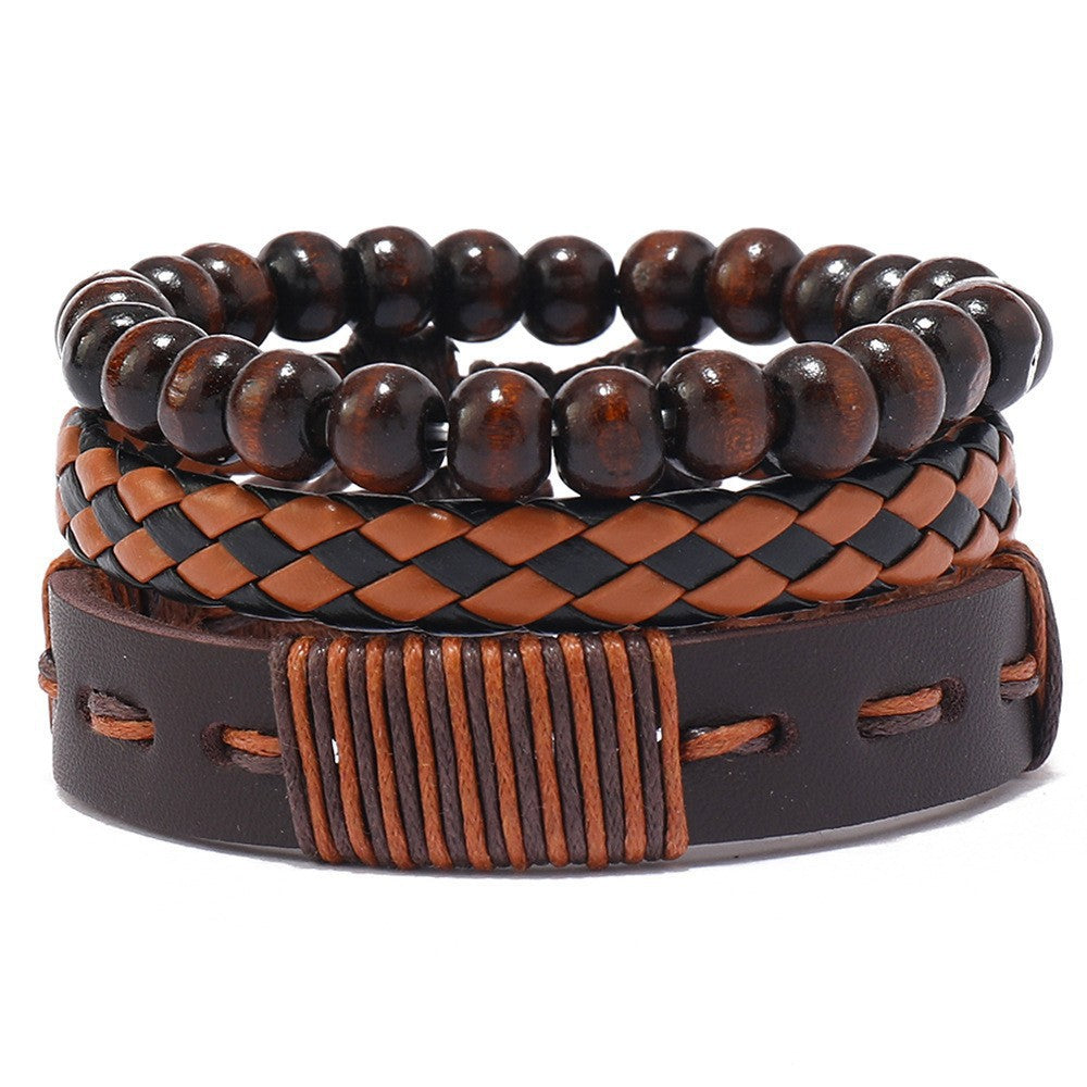 Men's quartz casual two eyed PU leather watch fashionable and versatile quartz business watch set+woven bracelet