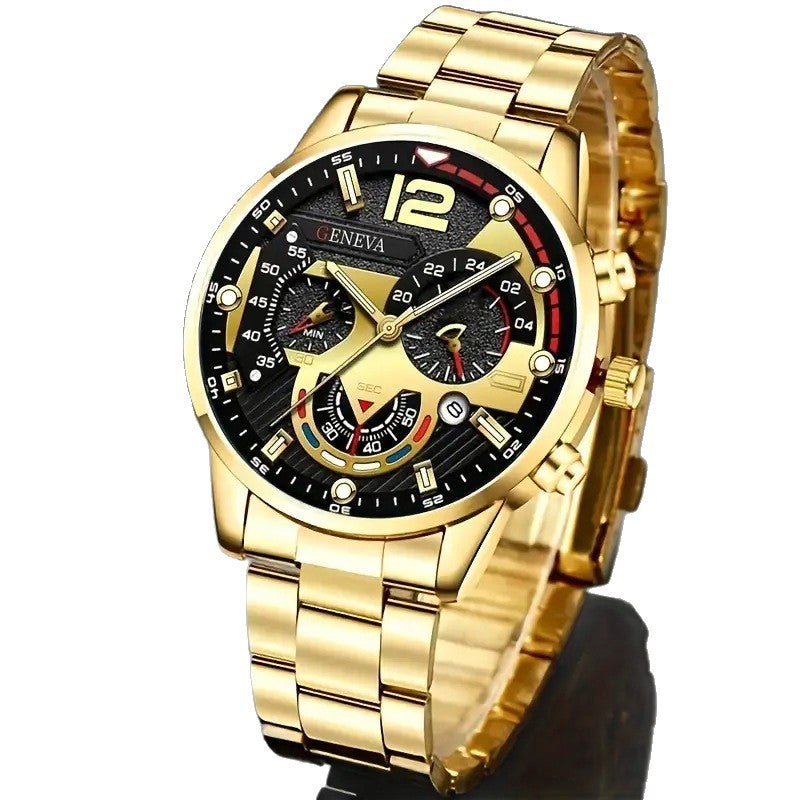 Men's Business Watch Fake Three Eye Calendar Roman Scale Quartz Watch Cross Necklace Bracelet Ring Set