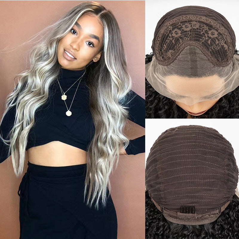 European and American wigs, synthetic hair tips, gradient dyeing, black and gold, medium split, large waves, long curly hair, factory direct sales