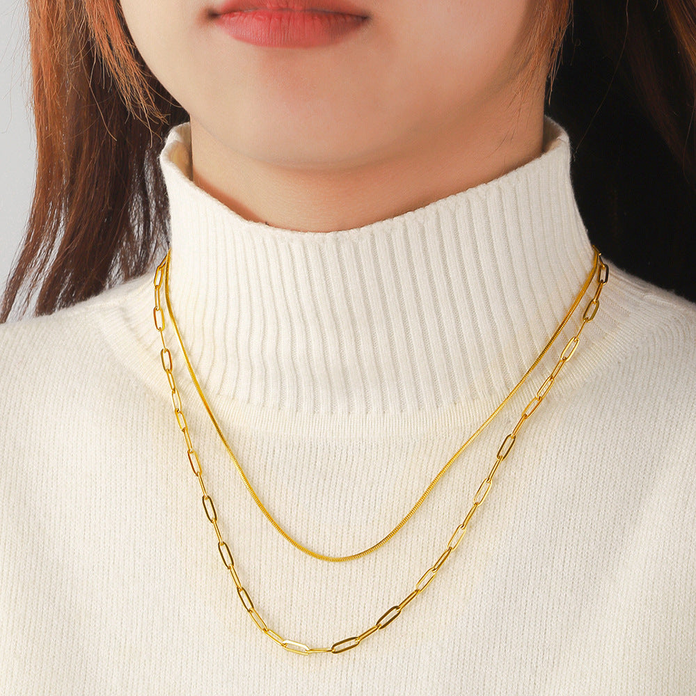 Cross border stainless steel double layered necklace with square snake chain, long cross chain, 18K vacuum plated collarbone, titanium steel necklace from Europe and America