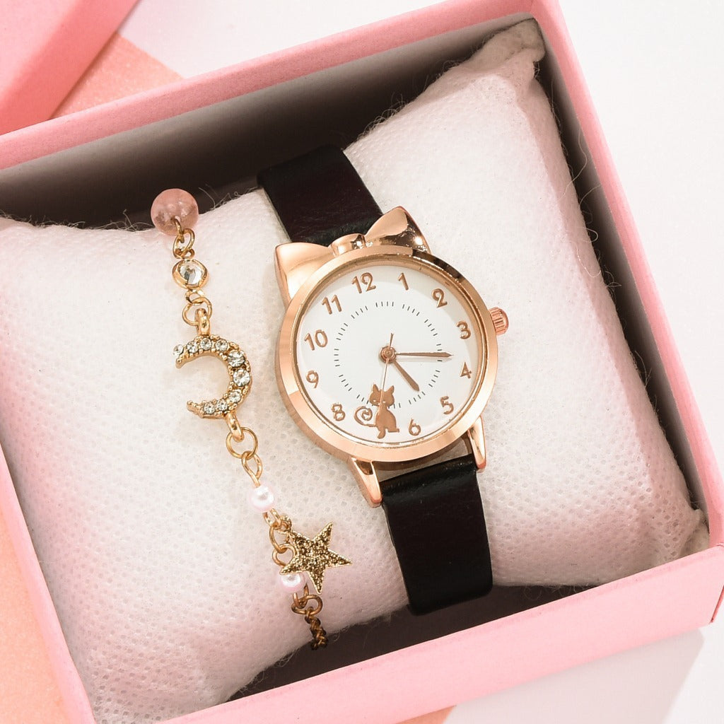 Kitten Pattern Women's Fashion Watch PU with Small Scale Student Minimalist Quartz Set Bracelet Minimalist Style Watch