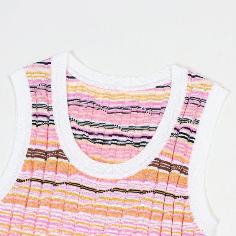 Sophisticated Italian fashion dress in striped cotton and tencel knit, sleeveless, round neckline, and mid-length