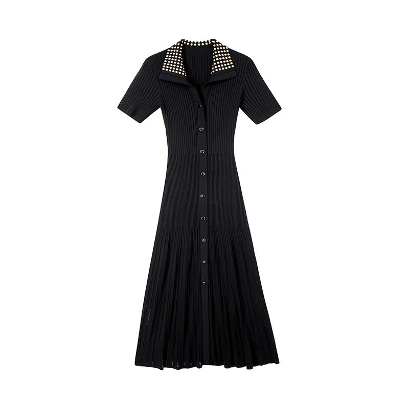 Long black dress with French elegance, knit fabric, collar, short sleeves, and high-quality rhinestone embellishments