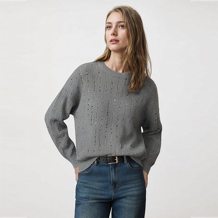 Elegant round-neck sweater, long sleeves, wool knit with pearls, pullover