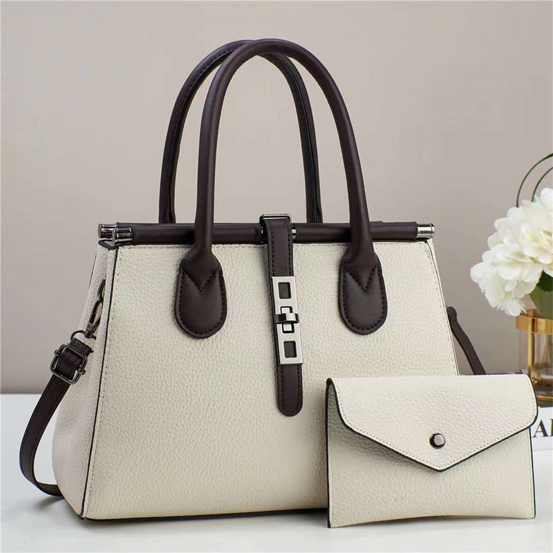 Trendy Bag 2025 New Color Contrasting Handbag Women's Lock Lock Design Texture Large Capacity Shoulder Bag Two Piece Set