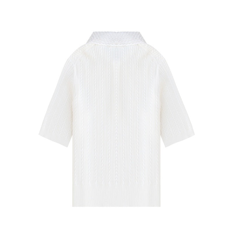 Elegant white polo shirt with high collar and short sleeves, embroidered, 100% high-quality wool