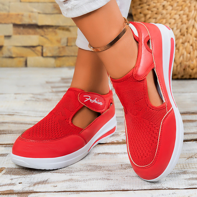 Shoes, women's shoes, versatile cross-border stock, plus size casual shoes, fly woven wedge heels, thick soled shoes, Velcro mesh single shoes