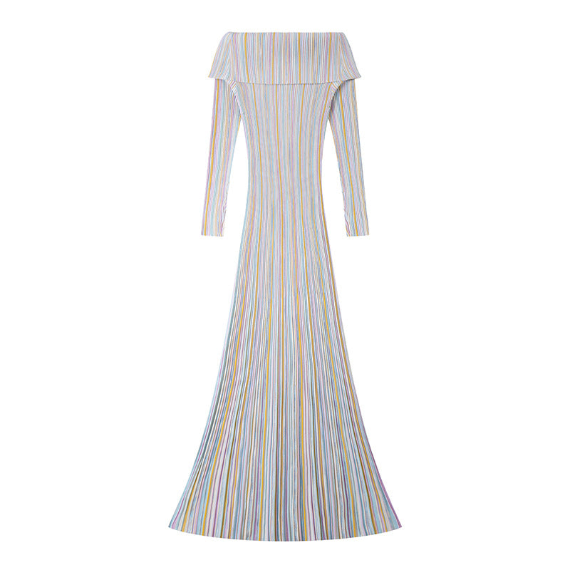 Elegant dress with off-the-shoulder top, long sleeves, colorful stripes, and mid-length in high-quality knit fabric