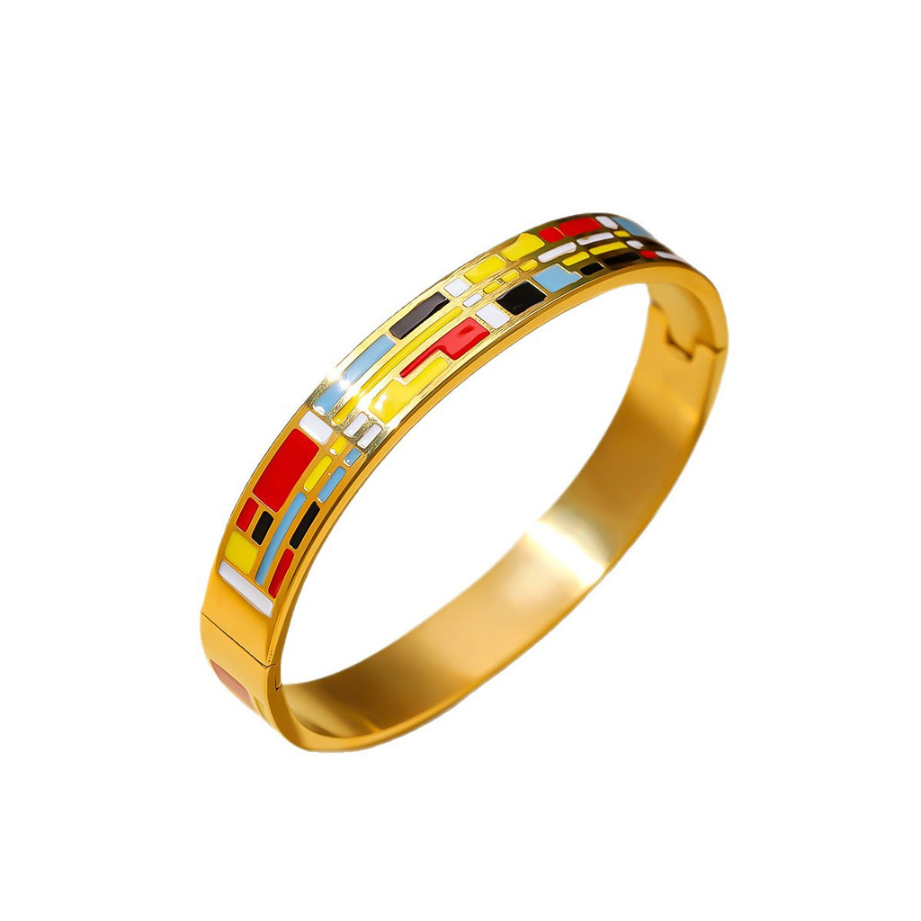 European and American titanium steel enamel bracelet, retro painted buckle style vacuum plated 18k gold bracelet, women's stainless steel bracelet