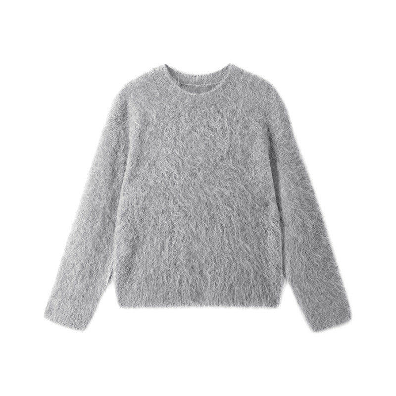 Elegant sweater with round neck, long sleeves, alpaca wool, and extremely high-quality long hair
