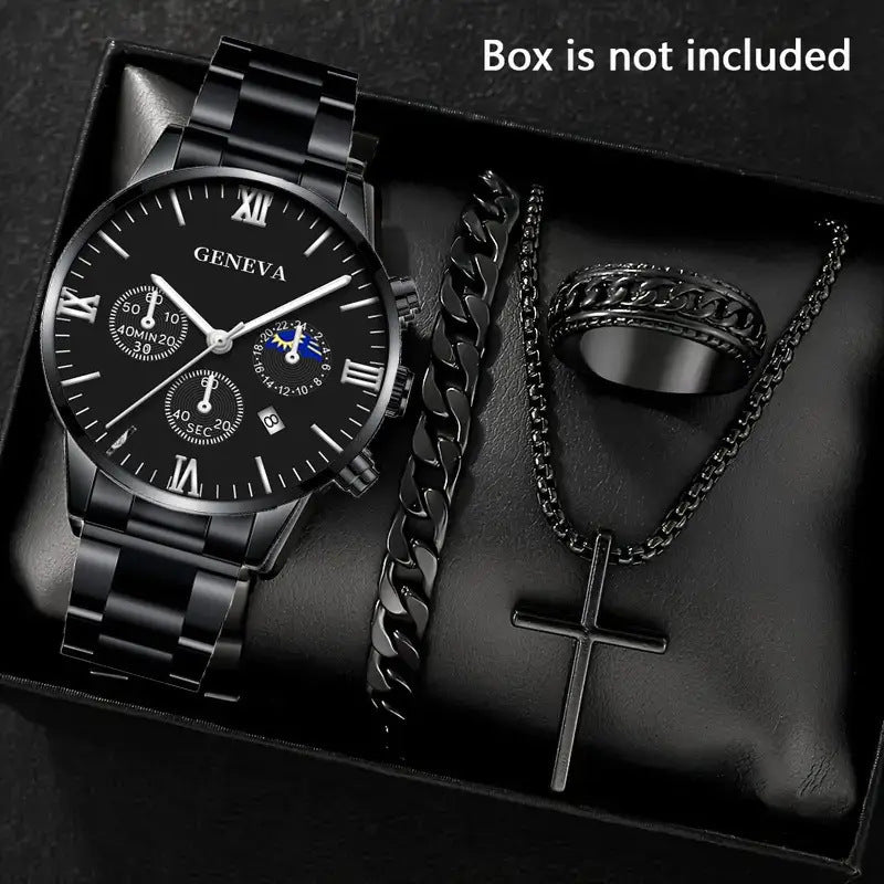 Fashionable and casual business watch+versatile cross steel strap necklace bracelet set with large dial without gift box