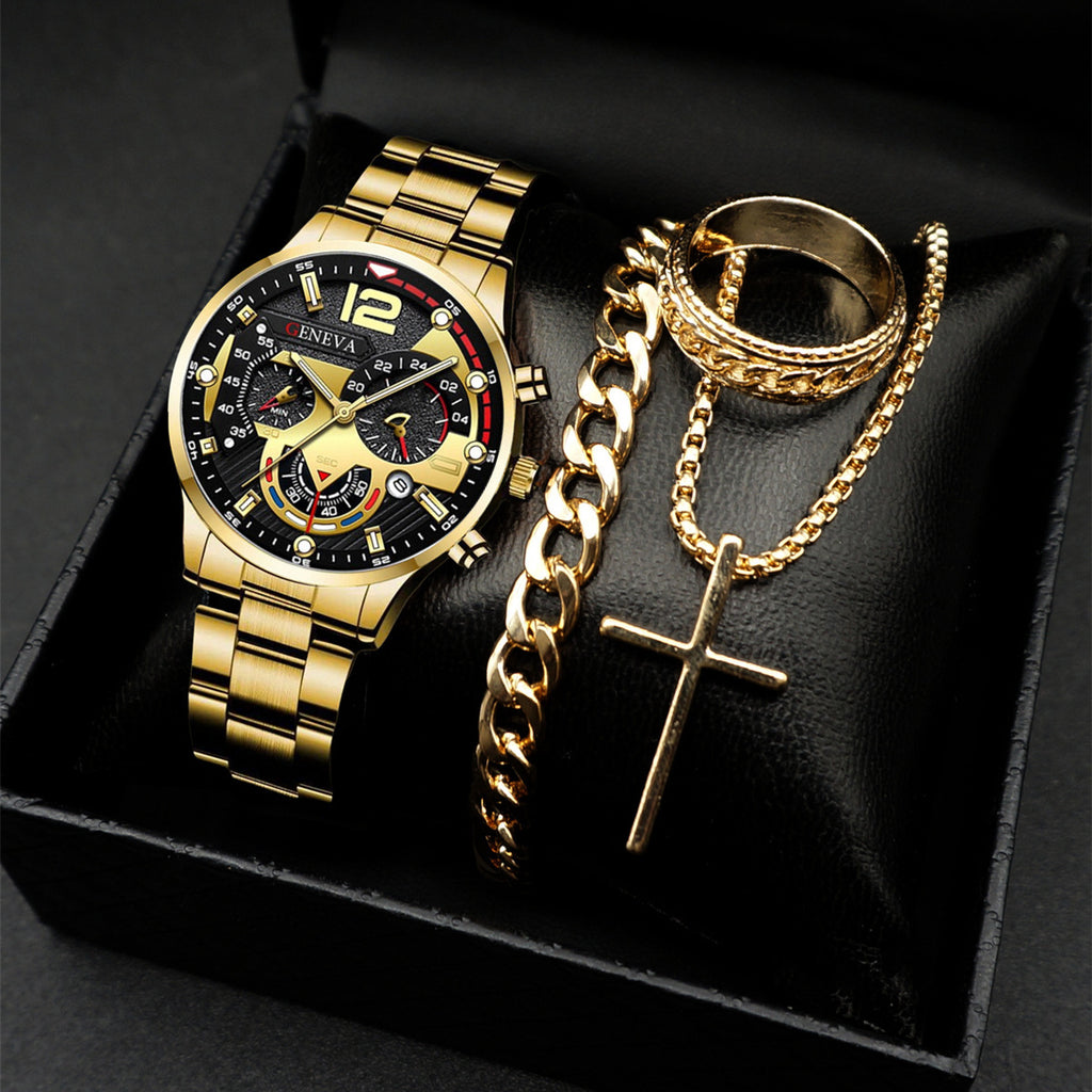 Popular Classic Fashion Men's Calendar Watch Wholesale Sports Steel Belt Watch Business Cross border Set Combination