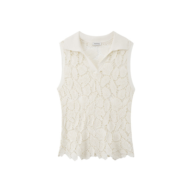 White sleeveless polo neck blouse, cotton blend, crochet-style knit with opening, high quality
