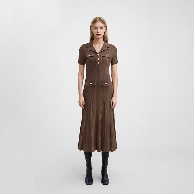 Elegant dark brown Chanel-style dress with a V-neckline and short sleeves for everyday wear