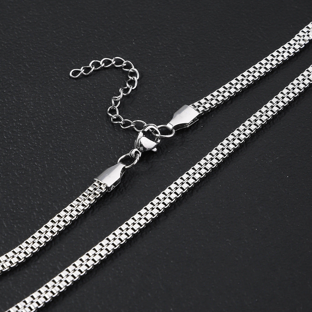 Stainless steel double row box chain necklace cross-border fashion men's whip chain chain versatile women's titanium steel bracelet