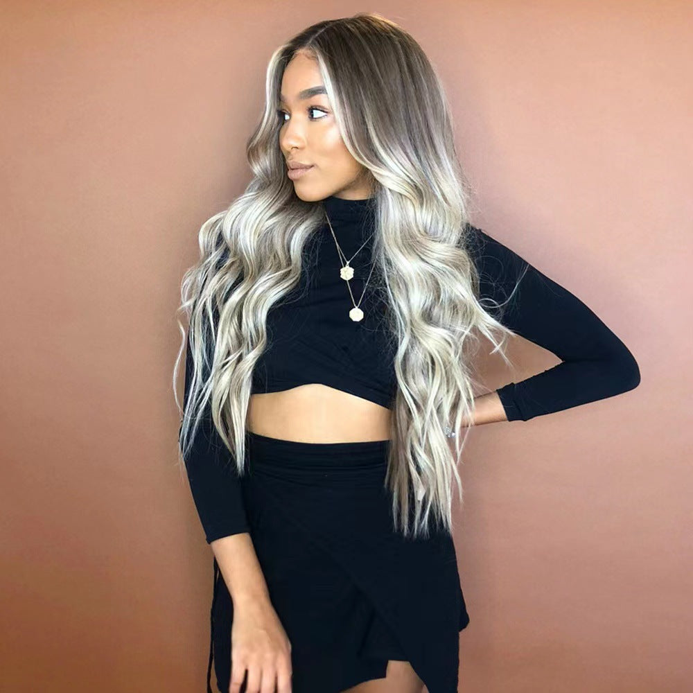 European and American wigs, synthetic hair tips, gradient dyeing, black and gold, medium split, large waves, long curly hair, factory direct sales