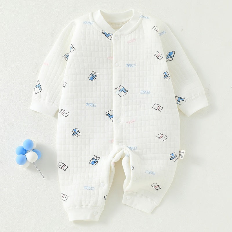 Baby jumpsuit with three layers of warm and thick newborn clothes made of pure cotton for autumn and winter, baby clothes, underwear, crawling clothes
