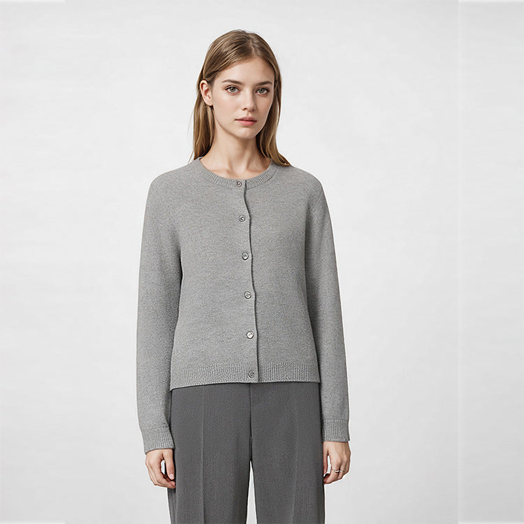 Stylish gray sweater with round neck, long sleeves, front buttons, and 100% high-quality wool