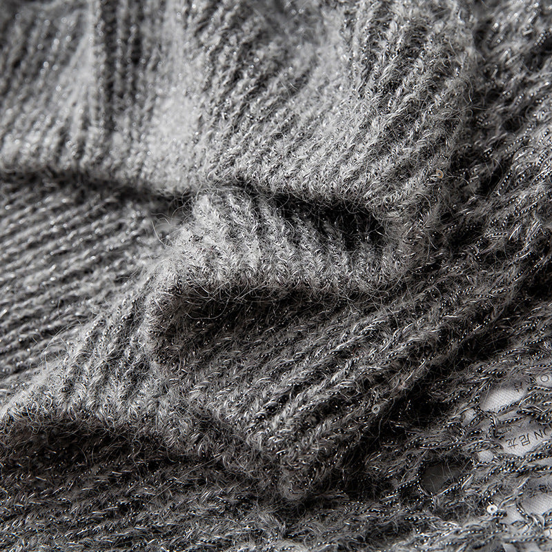 Stylish gray sweater with V-neck, long hollow sleeves, knitted pullover