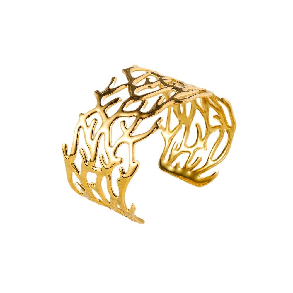 Stainless steel open hydraulic bracelet, European and American women's fashionable arm ring plated with 18K real gold, cross-border hot selling titanium steel bracelet