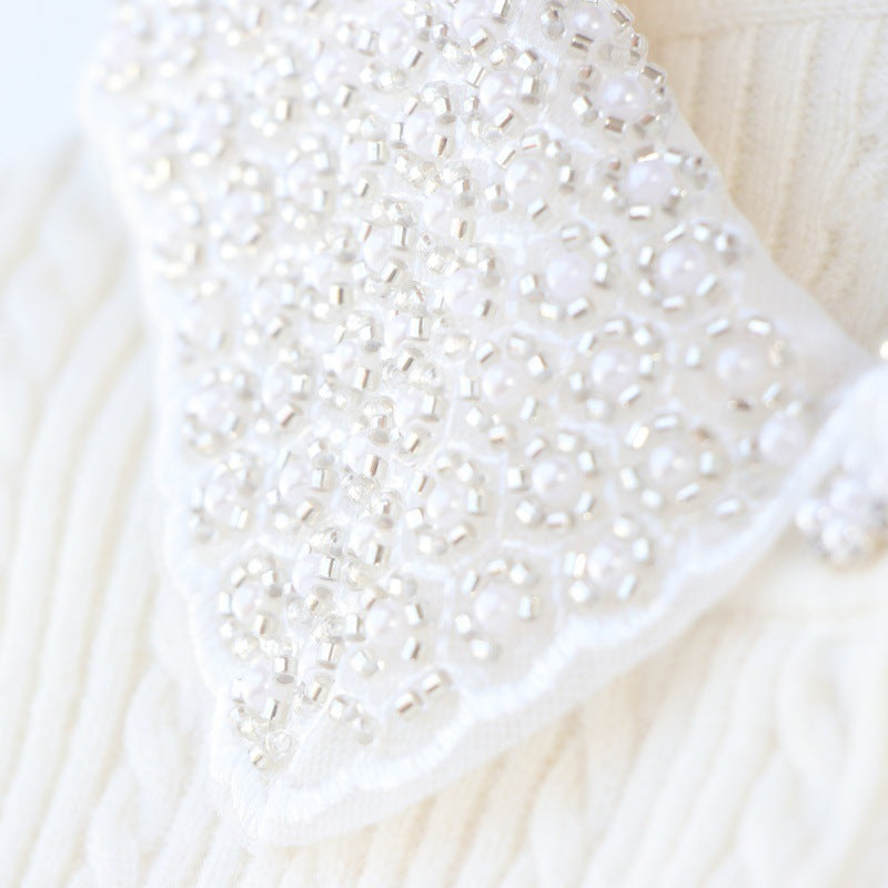 Elegant white polo shirt with high collar and short sleeves, embroidered, 100% high-quality wool